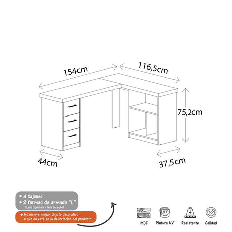 Escritorio en L Mali Avellana y Blanco 154x75cm Con Tres Cajones y con Organizador de Libros - Escritorios y Archivadores | Bylmo
