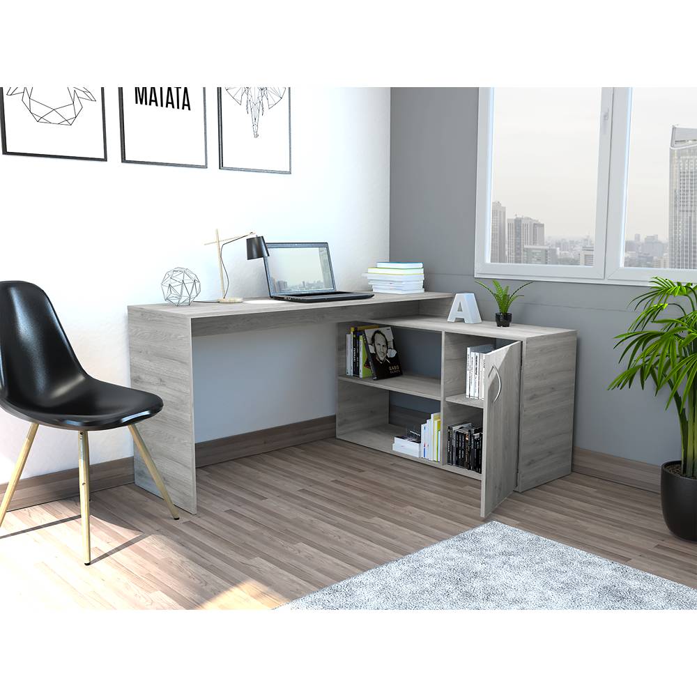 Escritorio en L Mega Ceniza 151.5x76.5cm sin Cajones y con Organizador de Libros - Escritorios y Archivadores | Bylmo