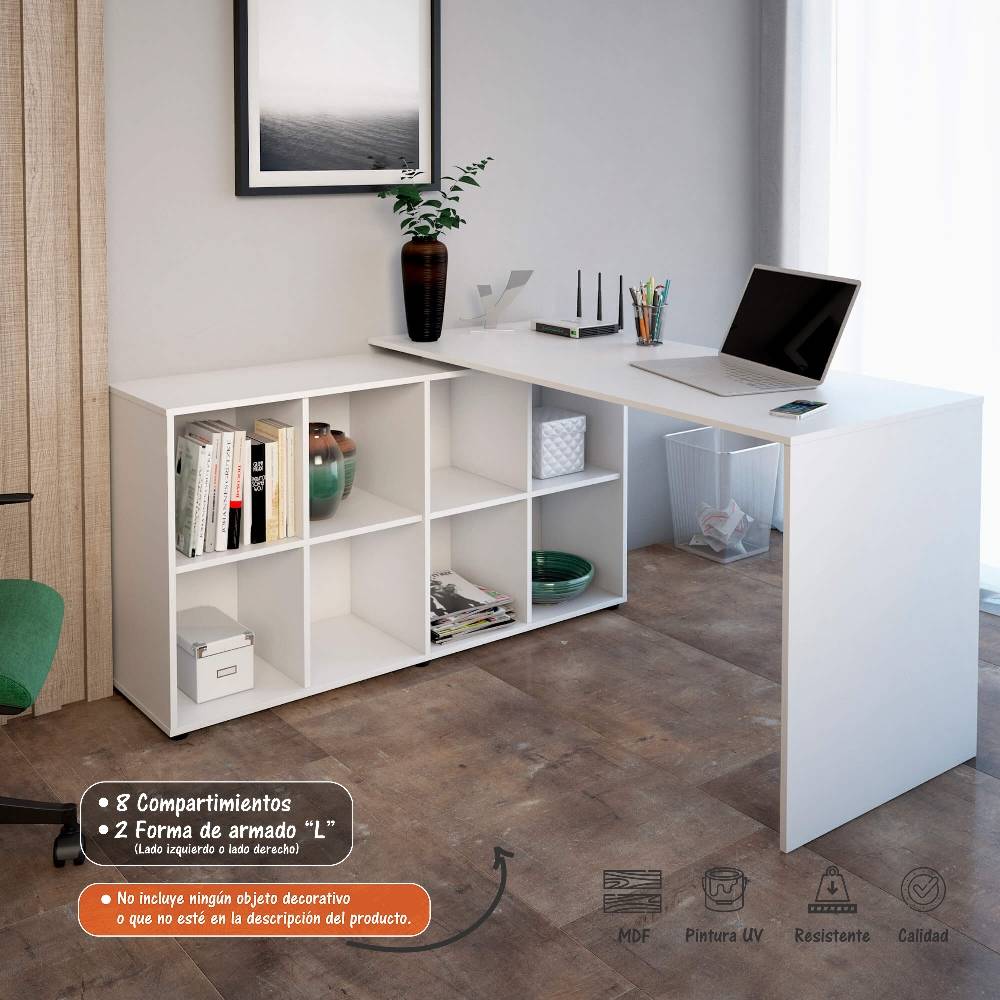 Escritorio en L Mingle Blanco 120 cm con Biblioteca - Escritorios y Archivadores | Bylmo