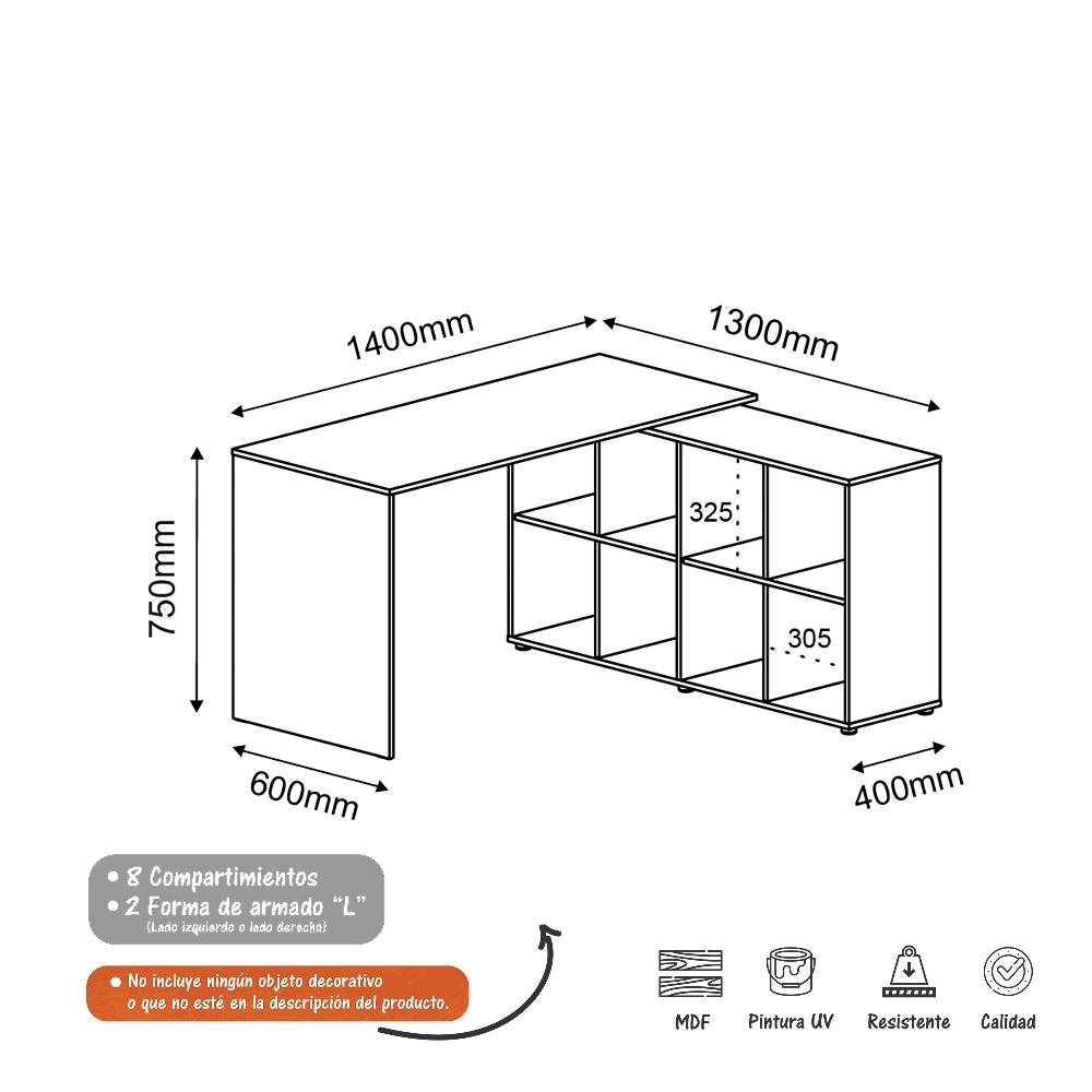Escritorio en L Nero Blanco 140x75cm Con Tres Cajones y con Organizador de Libros - Escritorios y Archivadores | Bylmo