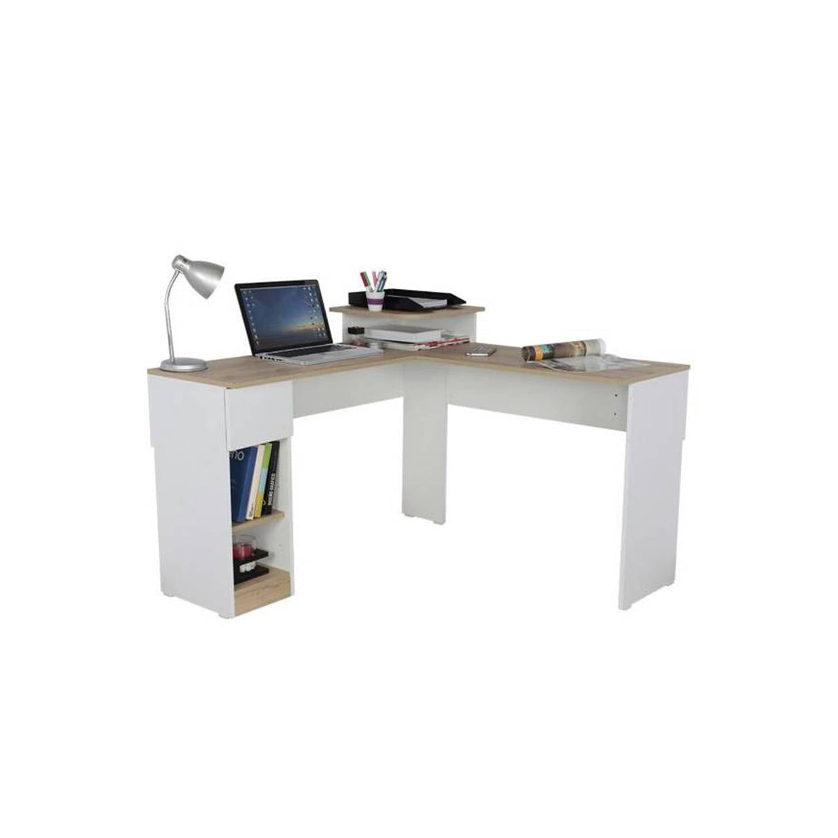 Escritorio en L Veneza Duna 120.9x73cm Con Un Cajón y con Organizador de Libros - Escritorios | Bylmo