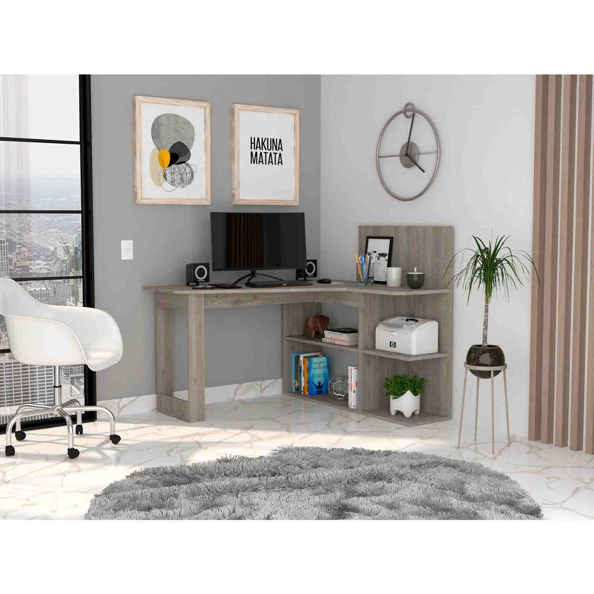 Escritorio en L Masai Ceniza 132x111cm sin Cajones y con Organizador de Libros - Escritorios | Bylmo