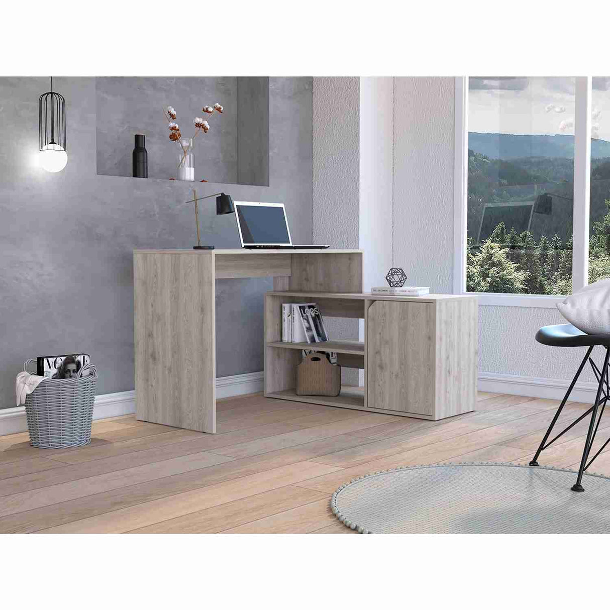 Escritorio en L Rennes Ceniza 117 cm con Dos Entrepaños y Una Puerta - Escritorios | Bylmo