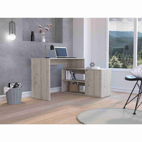 Escritorio en L Rennes Ceniza 117 cm con Dos Entrepaños y Una Puerta - Escritorios | Bylmo
