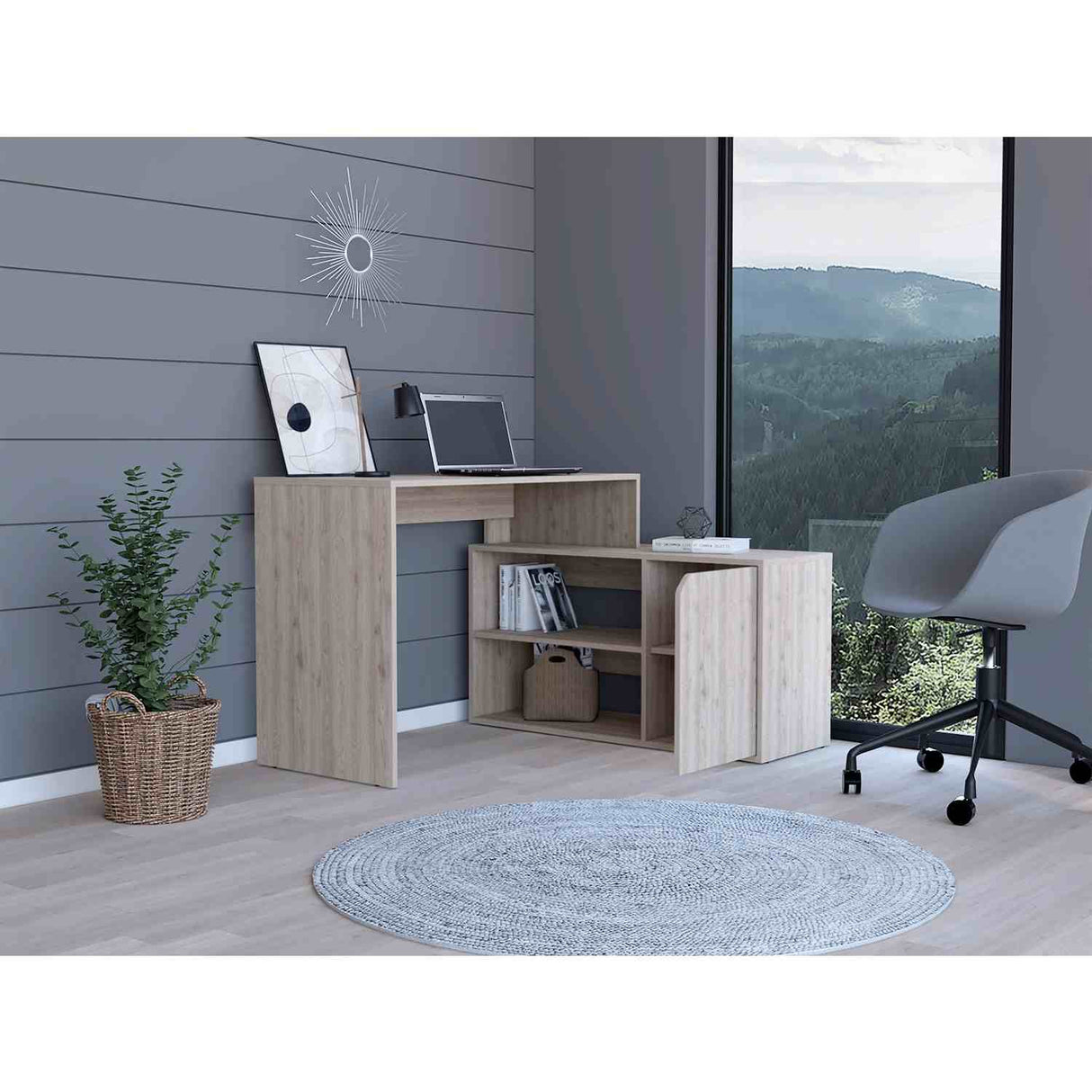 Escritorio en L Rennes Ceniza 117 cm con Dos Entrepaños y Una Puerta - Escritorios | Bylmo