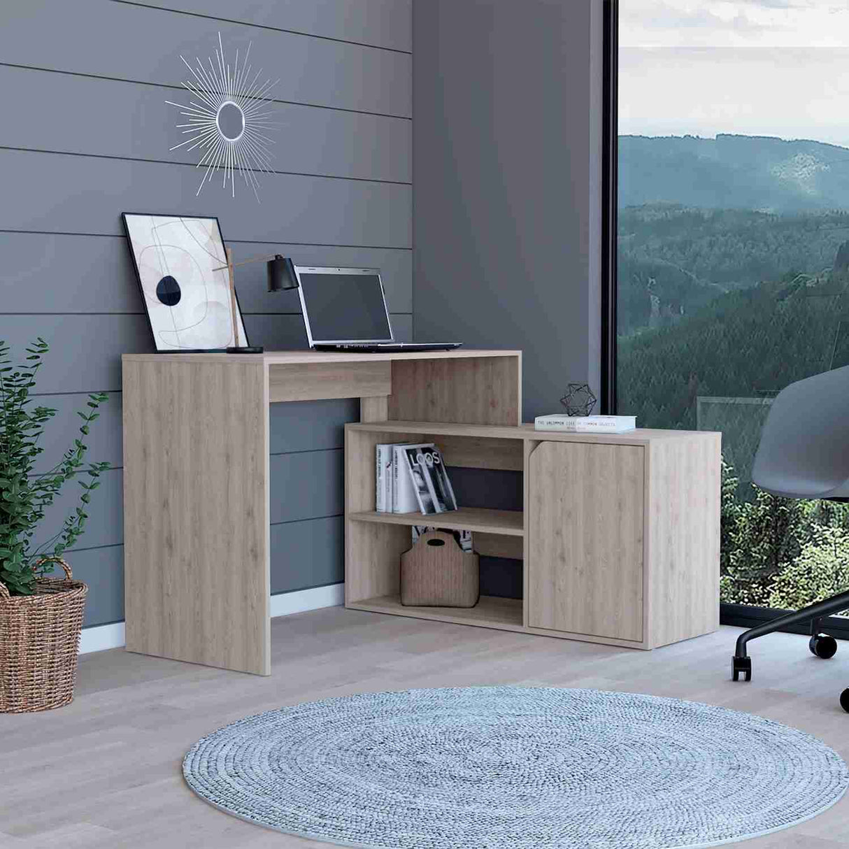 Escritorio en L Rennes Ceniza 117 cm con Dos Entrepaños y Una Puerta - Escritorios | Bylmo