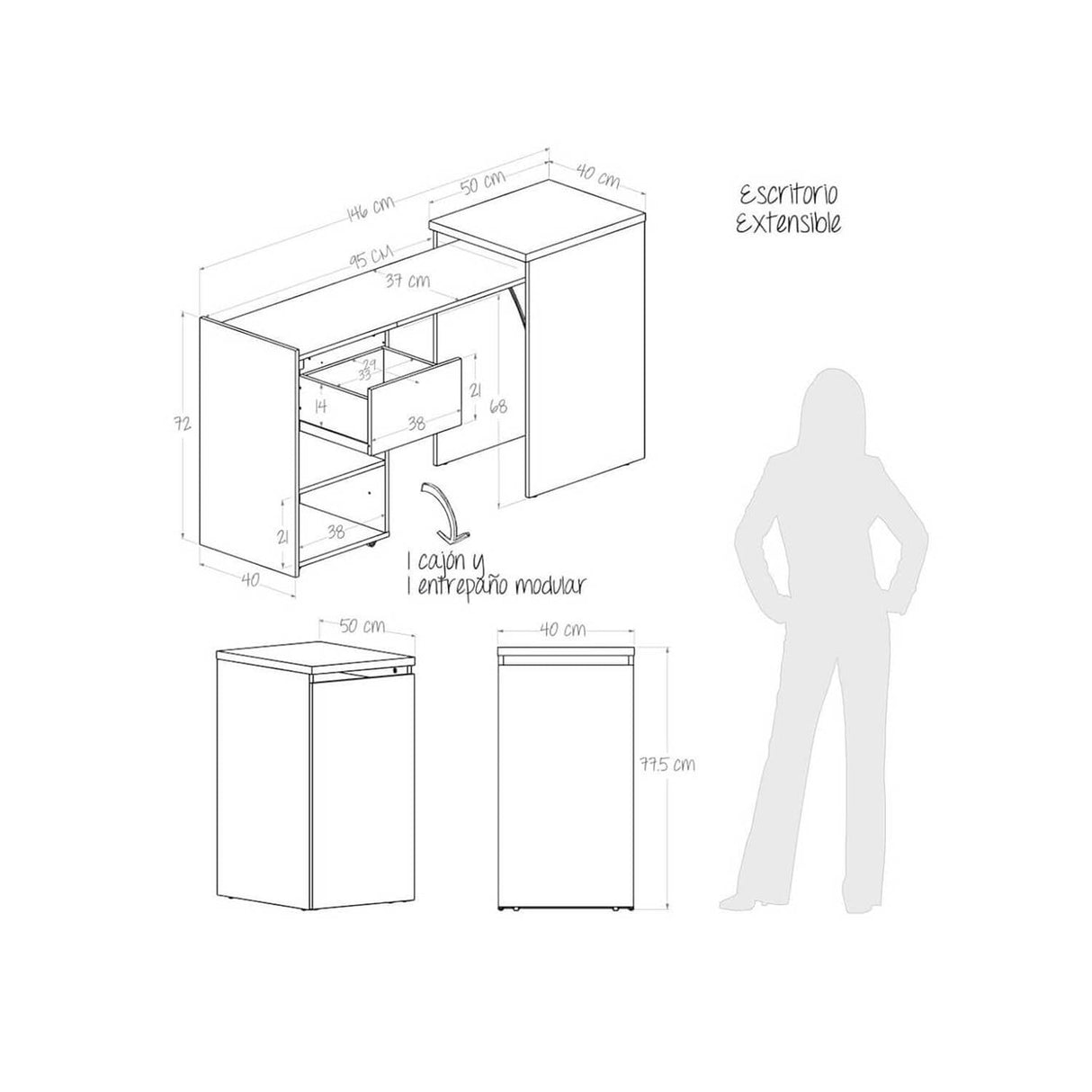 Escritorio Extensible Provenza Duna 40x77.8cm Con Un Cajón y con Organizador de Libros - Escritorios | Bylmo