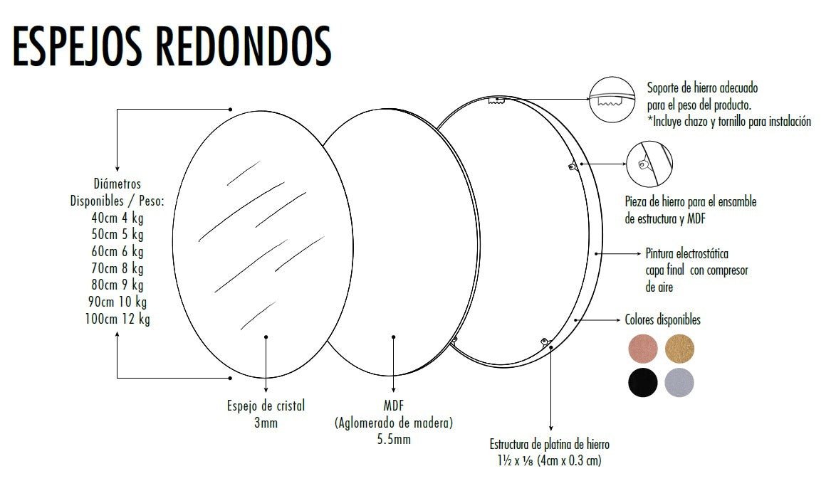 Espejo de Pared Osaka Plata 80x80cm Redondo con Marco Metalico - Espejos Decorativos | Bylmo