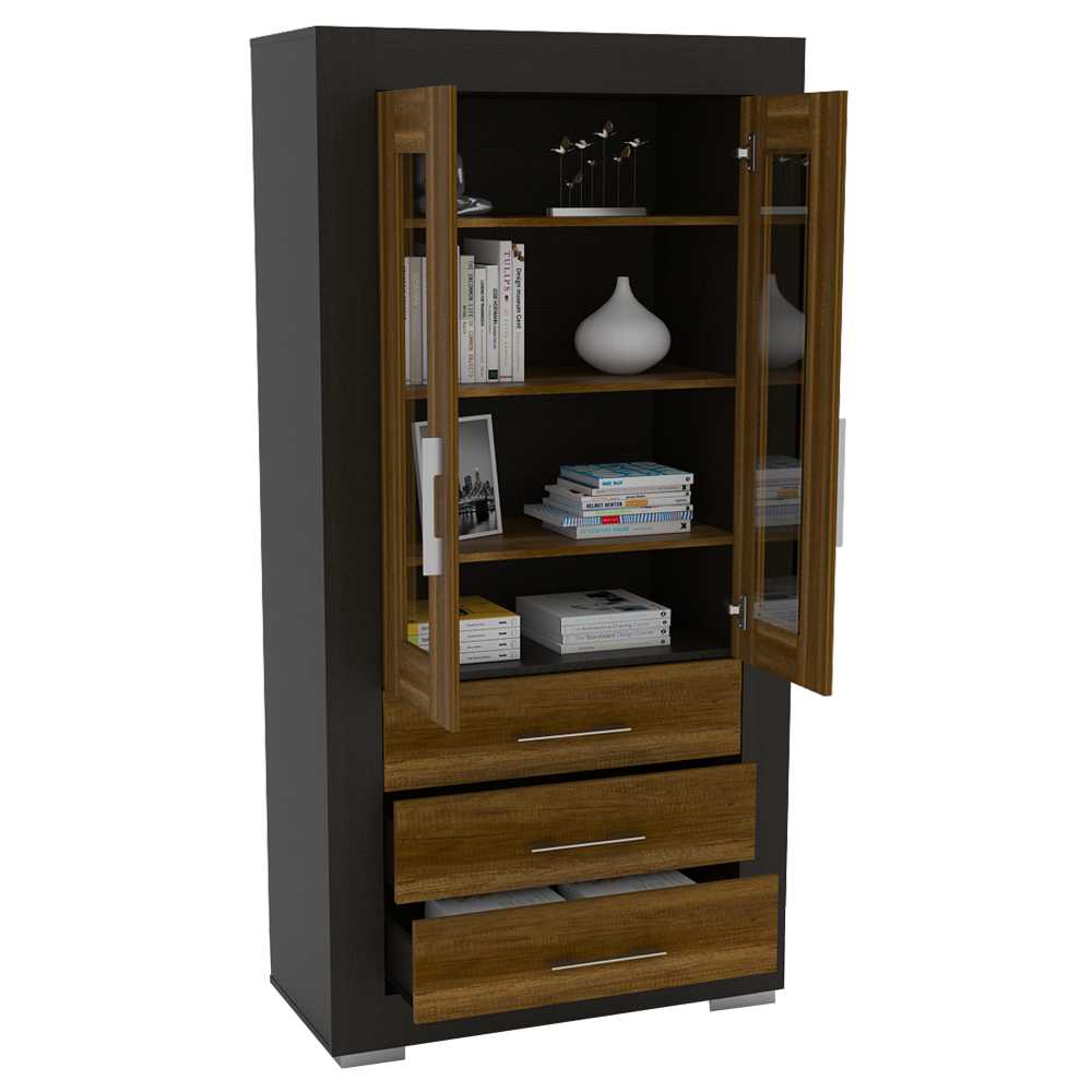 Vitrina Albatros Wengue 90x182cm con Cuatro Compartimientos y con Tres Cajones - Bifes | Bylmo