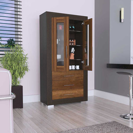 Vitrina Albatros Wengue 90x182cm con Cuatro Compartimientos y con Tres Cajones - Bifes | Bylmo