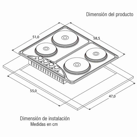 Estufa Eléctrica de Empotrar Challenger Acero 59x51cm de Cuatro Quemadores - Electrodomesticos | Bylmo