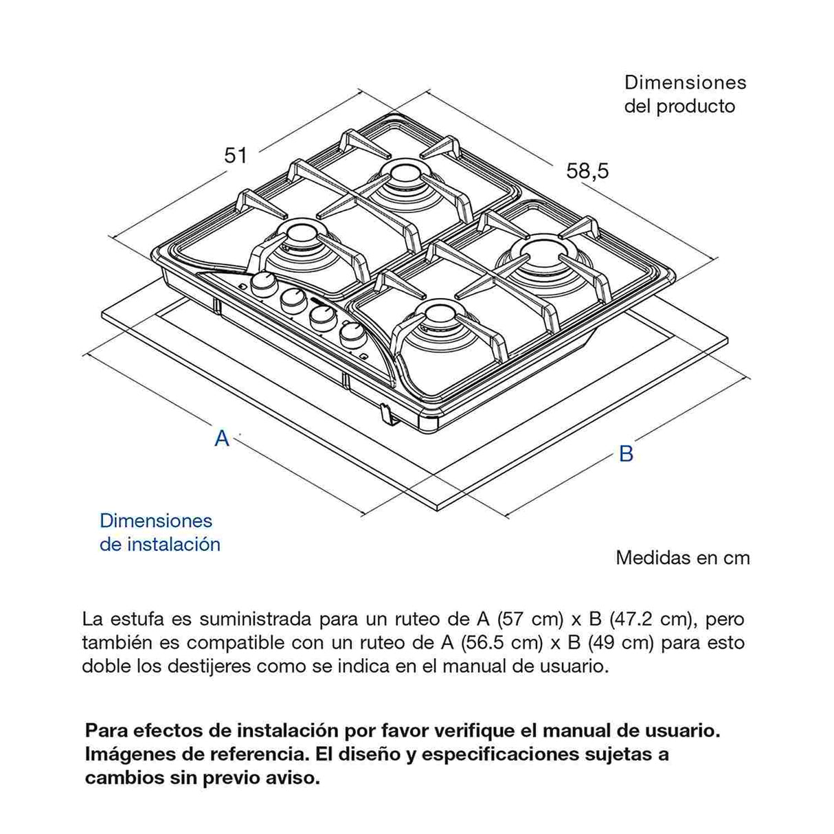 Estufa de Empotrar Challenger Acero 59x51cm de Cuatro Quemadores de Gas Natural - Electrodomesticos | Bylmo