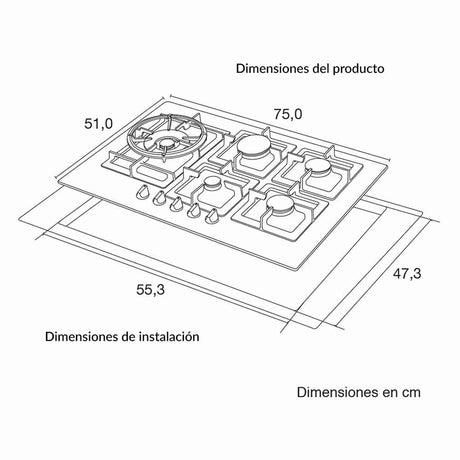 Estufa de Empotrar SI 75 cm Acero a Gas de 5 Puestos - Electrodomesticos | Bylmo
