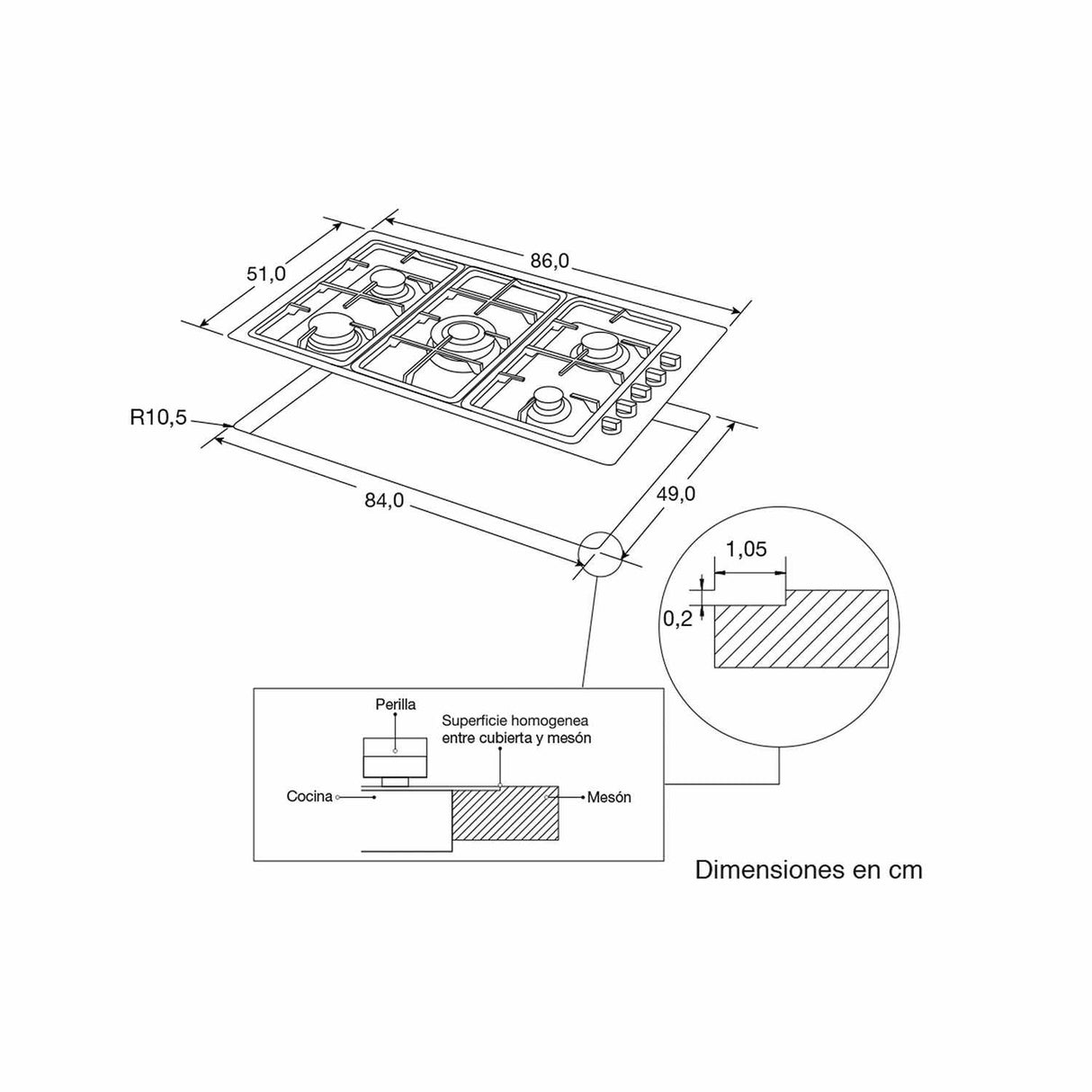 Estufa de Empotrar Challenger Acero 86x51cm de Cinco Quemadores - Electrodomesticos | Bylmo
