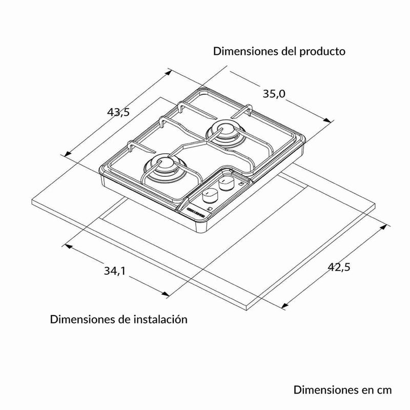 Estufa de Empotrar SP 35 cm Acero a Gas de 2 Puestos