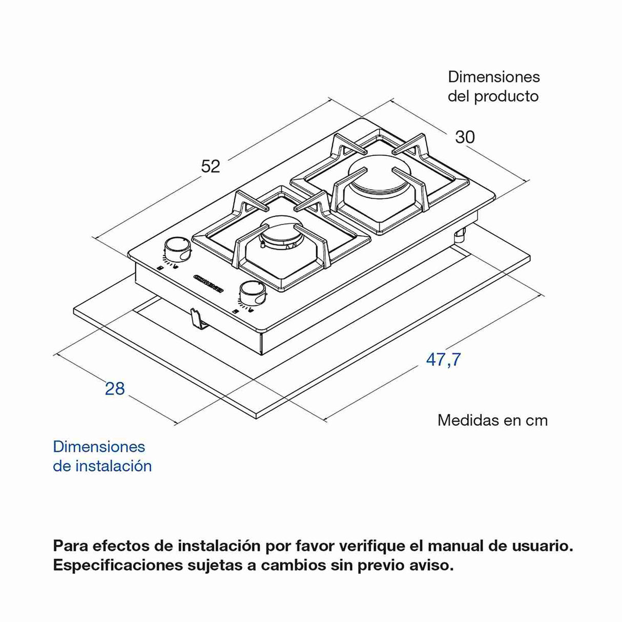 Estufa de Empotrar Challenger Negro 30x52cm de Dos Quemadores - Electrodomesticos | Bylmo