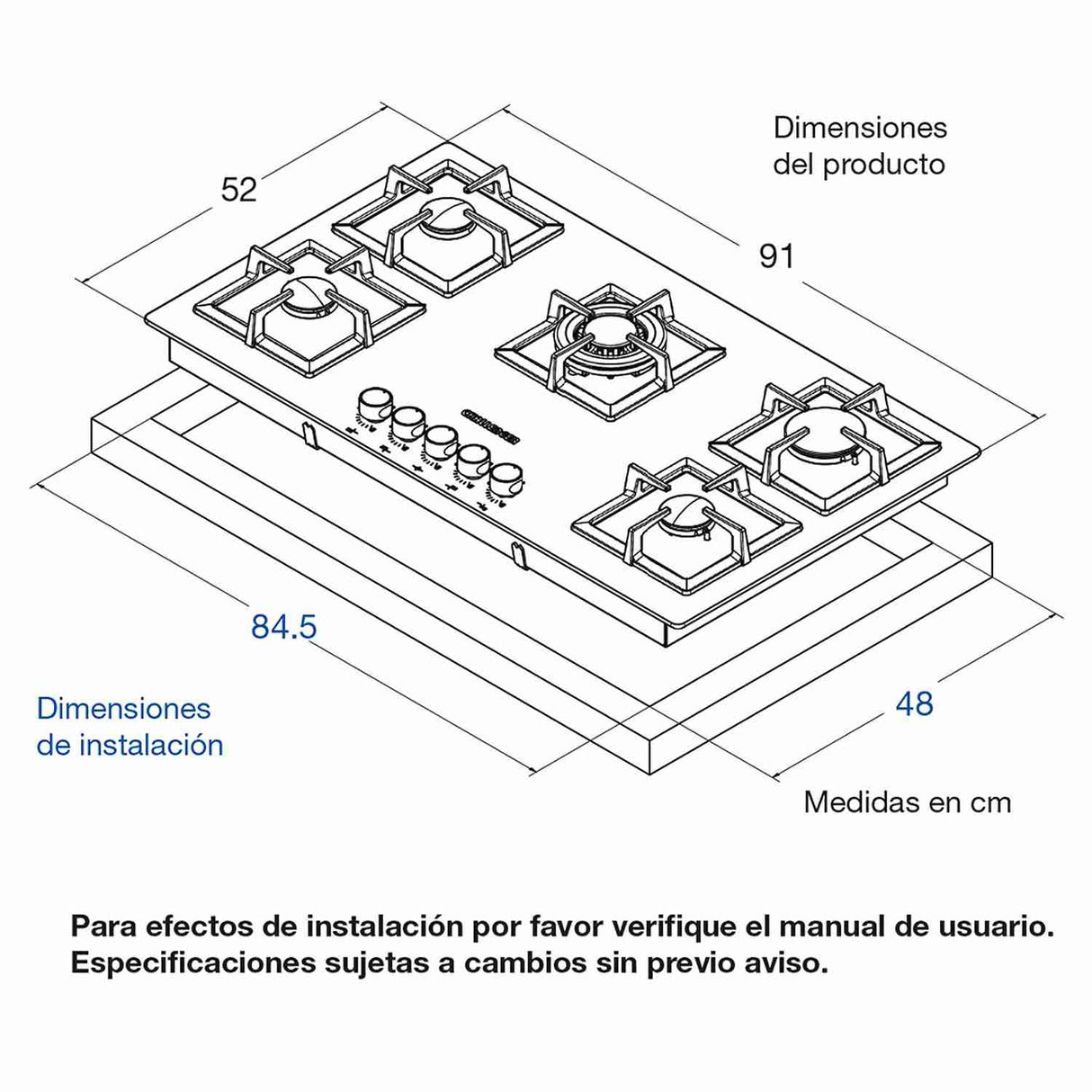 Estufa de Empotrar Challenger Negro 91x52cm de Cinco Quemadores - Electrodomesticos | Bylmo