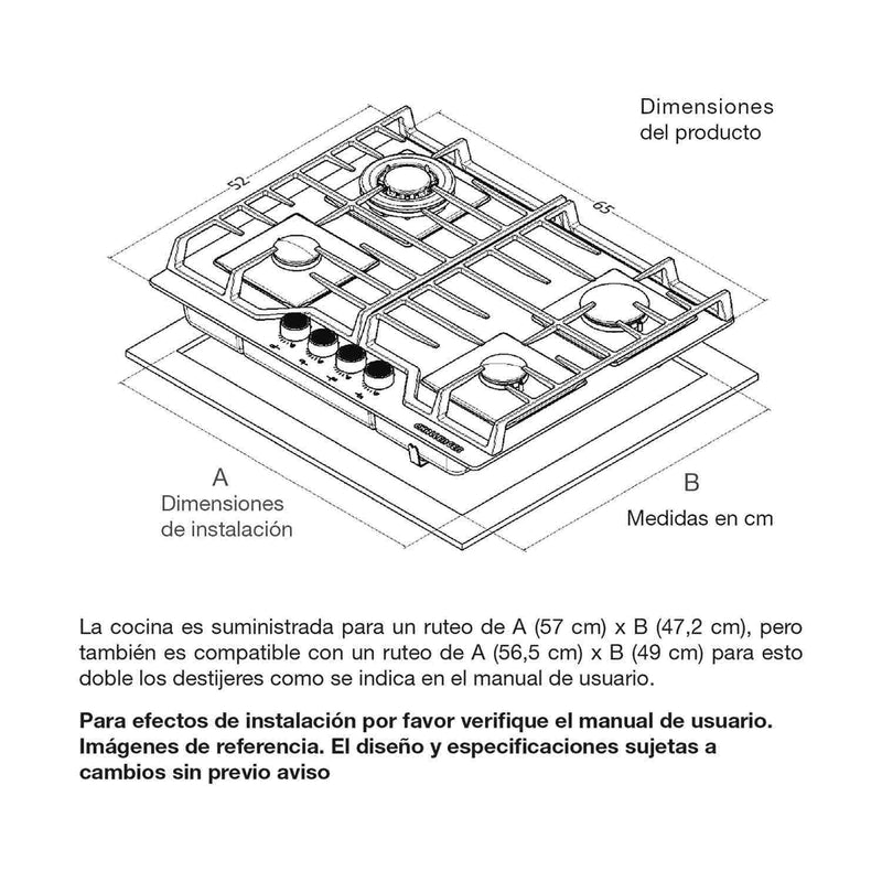 Estufa de Empotrar SQ AES 65 cm Negro a Gas de 4 Puestos