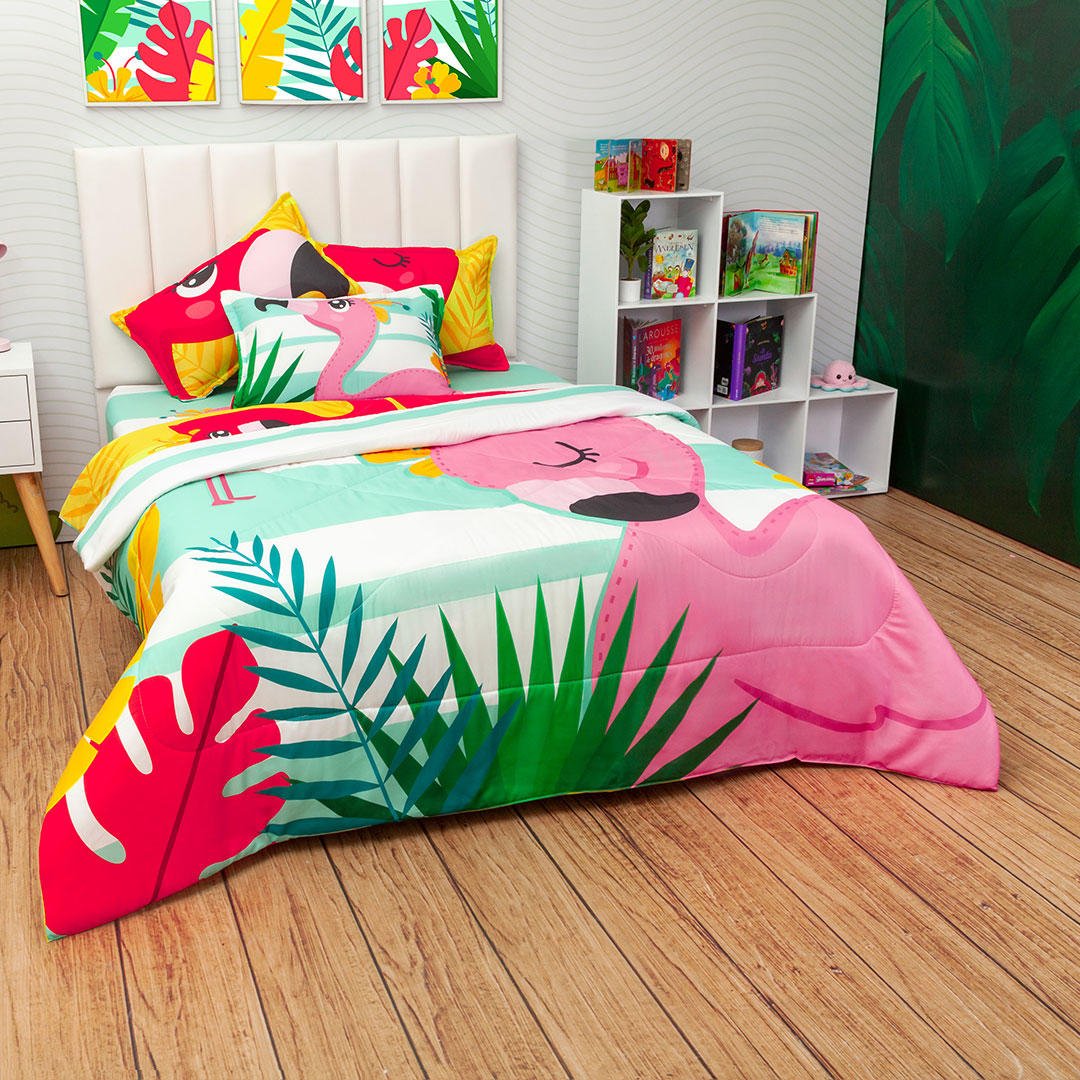 Cubrelecho Semi Acolchado Infantil Azul y Amarillo para Cama Sencillo 100 X 190 Cm Doble Faz de Flamencos - Ropa de Cama | Bylmo