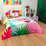 Cubrelecho Semi Acolchado Infantil Azul y Amarillo para Cama Sencillo 100 X 190 Cm Doble Faz de Flamencos - Ropa de Cama | Bylmo