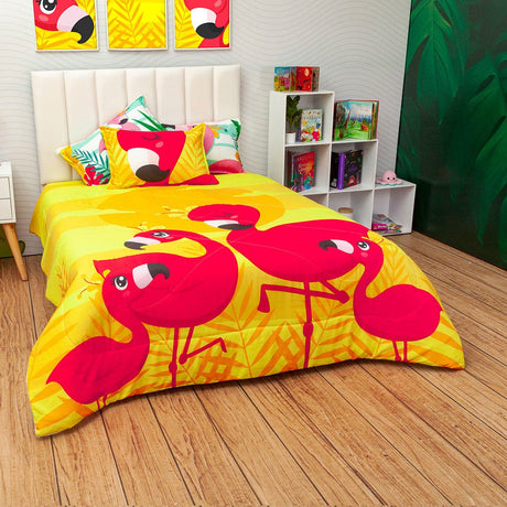 Cubrelecho Semi Acolchado Infantil Azul y Amarillo para Cama Sencillo 100 X 190 Cm Doble Faz de Flamencos - Ropa de Cama | Bylmo