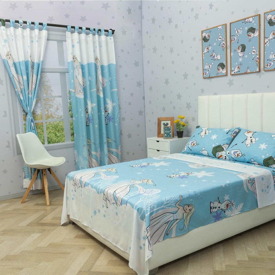 Combo Juego de Sabanas y Cortina Infantil Azul y Blanco Semidoble 120 X 190 Cm de Frozen - Ropa de Cama | Bylmo