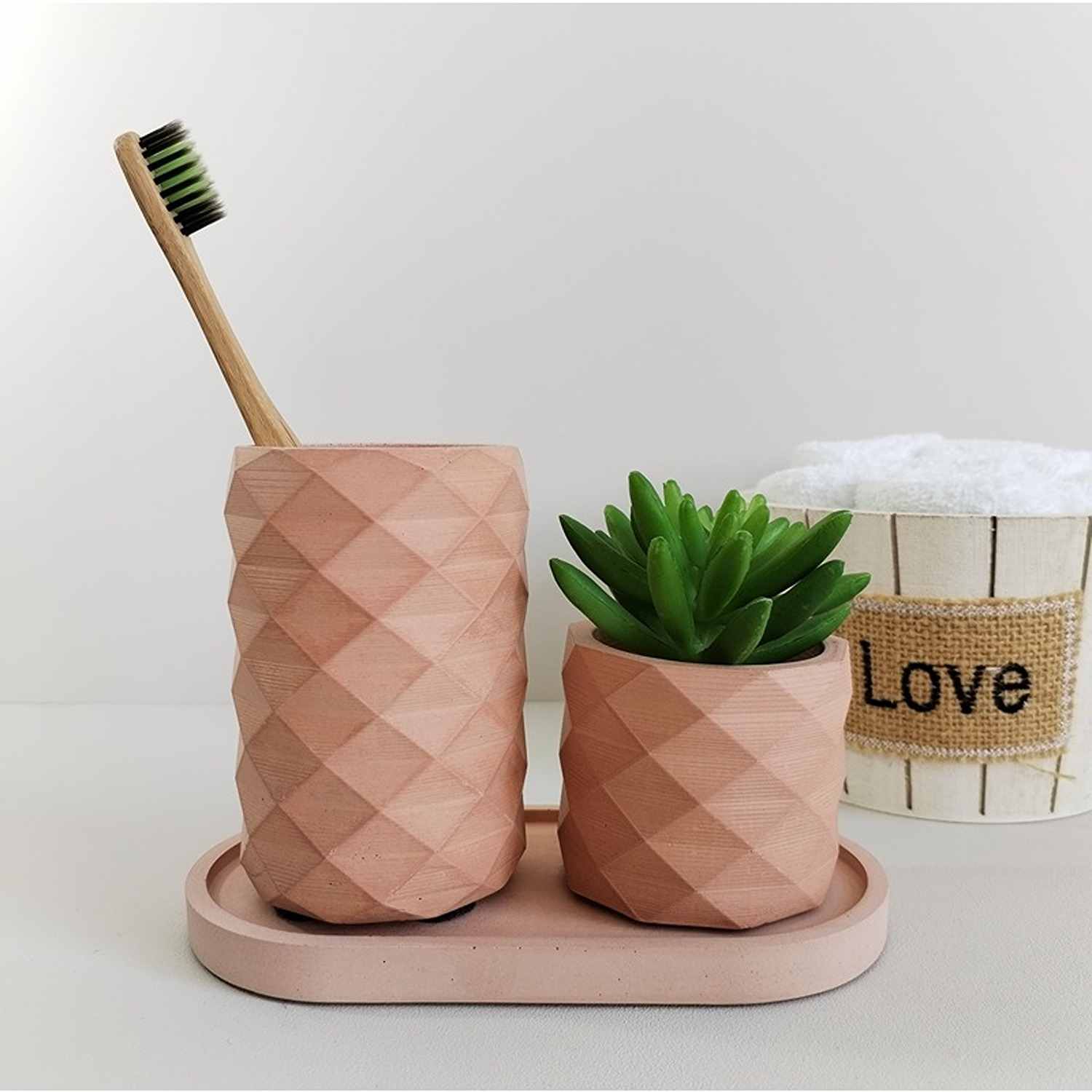 Combo Vaso Porta Cepillos DecoBath Palo de rosa 18 cm con Maceta y Bandeja - Muebles para Baño | Bylmo