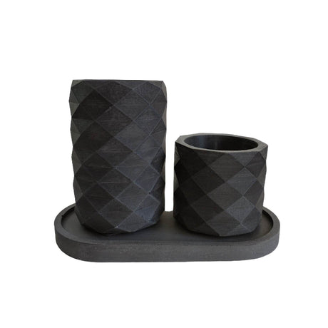 Combo Vaso Porta Cepillos DecoBath Gris Oscuro 18 cm con Maceta y Bandeja - Muebles para Baño | Bylmo