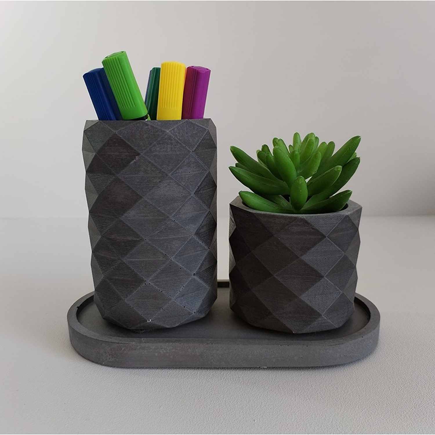 Combo Vaso Porta Cepillos DecoBath Gris Oscuro 18 cm con Maceta y Bandeja - Muebles para Baño | Bylmo