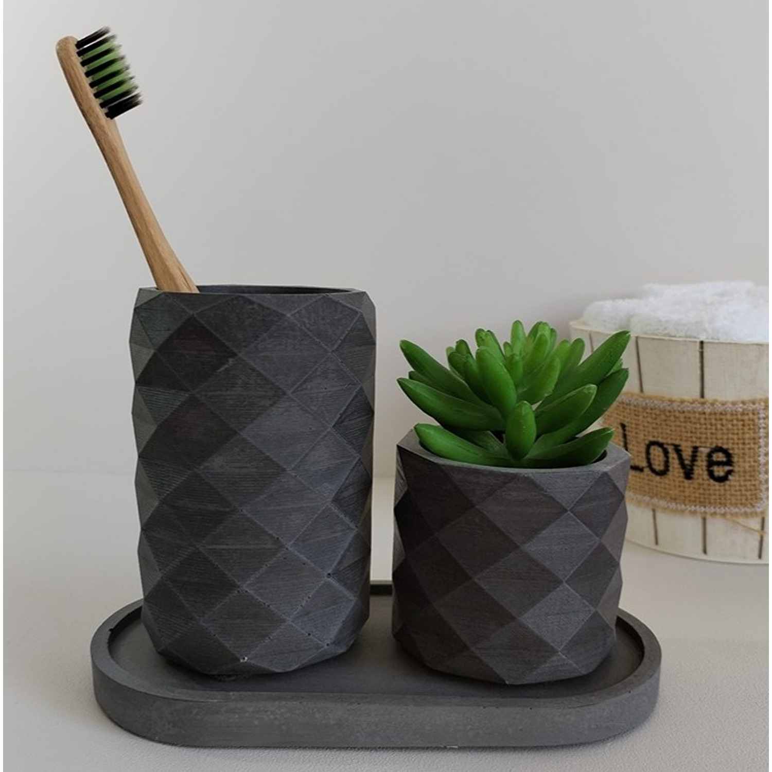 Combo Vaso Porta Cepillos DecoBath Gris Oscuro 18 cm con Maceta y Bandeja - Muebles para Baño | Bylmo