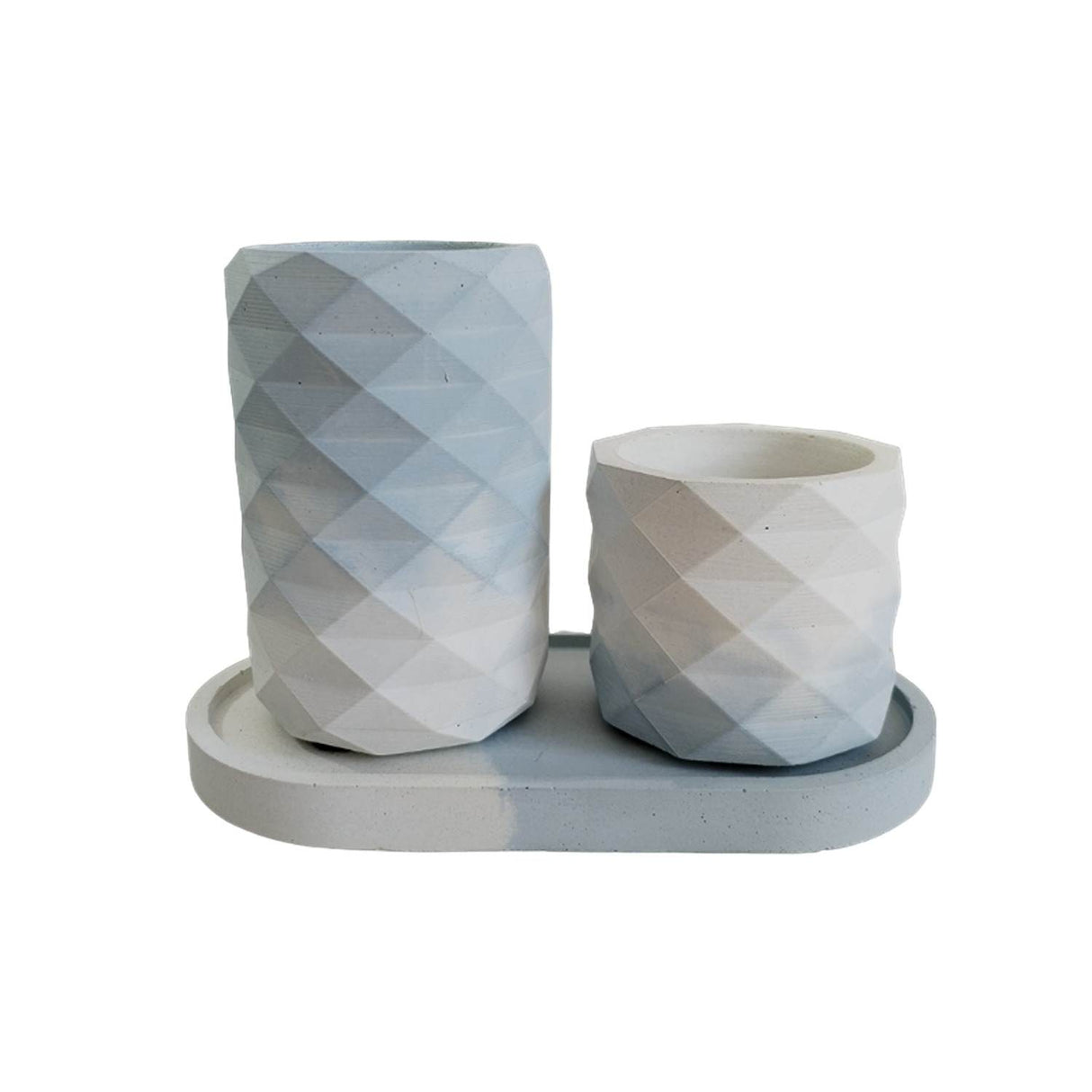 Combo Vaso Porta Cepillos DecoBath Blanco y Azul 18 cm con Maceta y Bandeja - Muebles para Baño | Bylmo