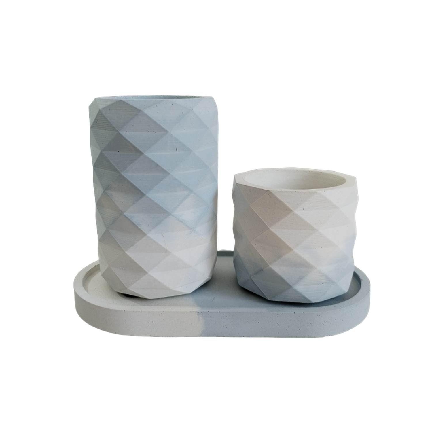 Combo Vaso Porta Cepillos DecoBath Blanco y Azul 18 cm con Maceta y Bandeja - Muebles para Baño | Bylmo