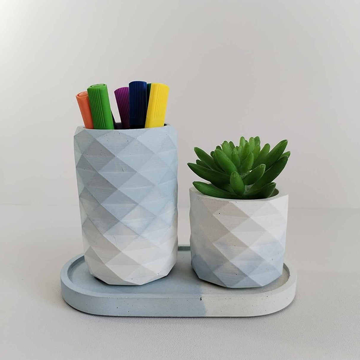 Combo Vaso Porta Cepillos DecoBath Blanco y Azul 18 cm con Maceta y Bandeja - Muebles para Baño | Bylmo