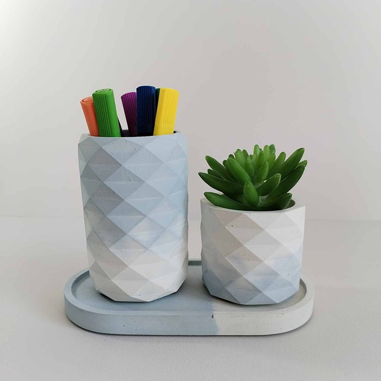 Combo Vaso Porta Cepillos DecoBath Blanco y Azul 18 cm con Maceta y Bandeja - Muebles para Baño | Bylmo