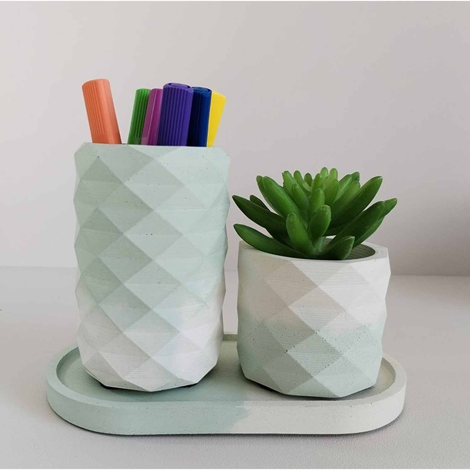 Combo Vaso Porta Cepillos DecoBath Blanco y Menta 18 cm con Maceta y Bandeja - Muebles para Baño | Bylmo