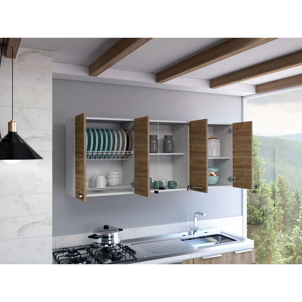 Mueble Superior de Cocina Miel y Blanco 150x60cm con Seis Puertas con Locero - Cocinas | Bylmo