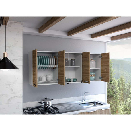 Mueble Superior de Cocina Miel y Blanco 150x60cm con Seis Puertas con Locero - Cocinas | Bylmo