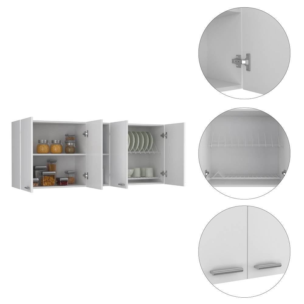 Mueble Superior de Cocina Portofino Blanco 150x60cm con Dos Entrepaños y con Cuatro Puertas - Cocinas | Bylmo
