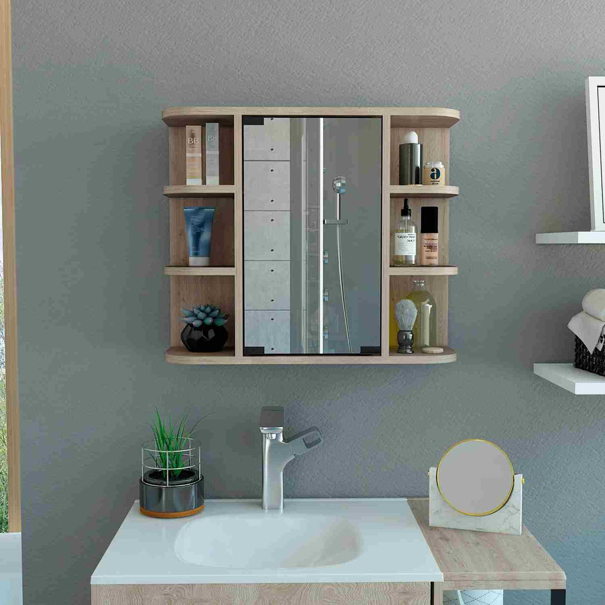 Gabinete de Baño Milan Ceniza 60x50cm Cuadrado con Espejo y con Cuatro Entrepaños - Gabinetes de Baño | Bylmo
