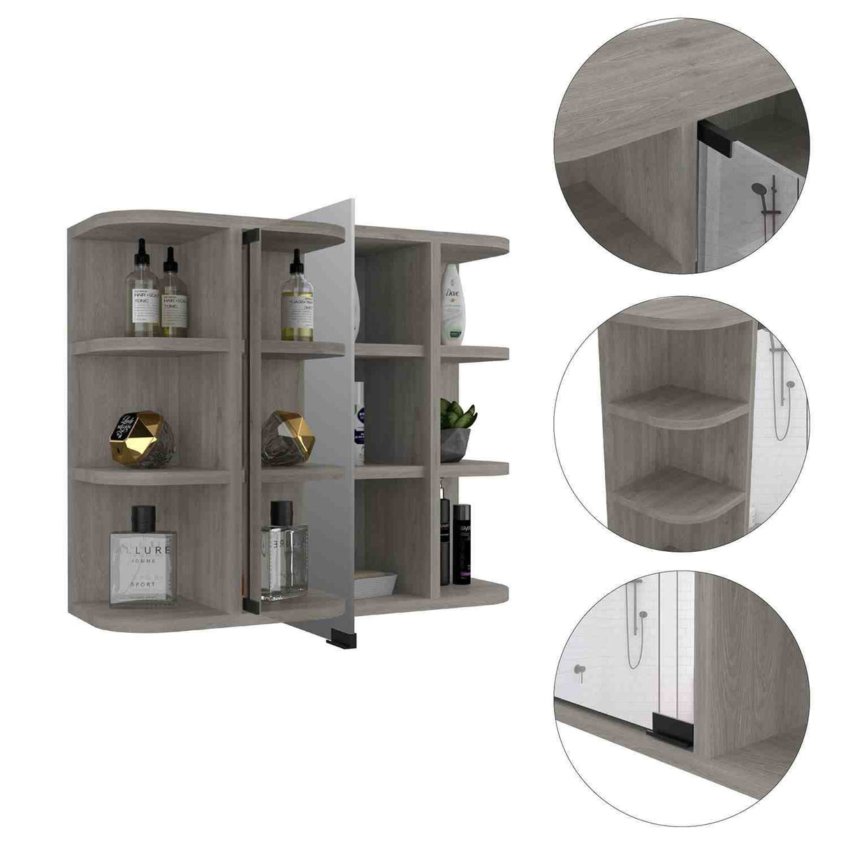 Gabinete de Baño Milan Ceniza 60x50cm Cuadrado con Espejo y con Cuatro Entrepaños - Gabinetes de Baño | Bylmo