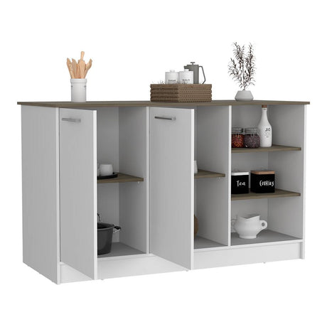 Isla de Cocina Ginger Blanco y Bellota 150x90.6cm con Cuatro Entrepaños y con Siete Comportamientos - Cocinas | Bylmo