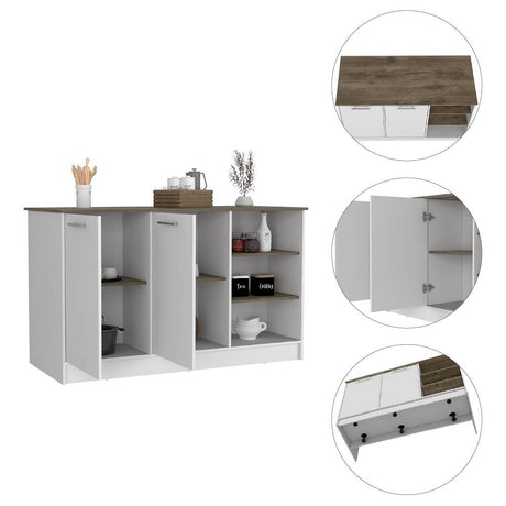 Isla de Cocina Ginger Blanco y Bellota 150x90.6cm con Cuatro Entrepaños y con Siete Comportamientos - Cocinas | Bylmo