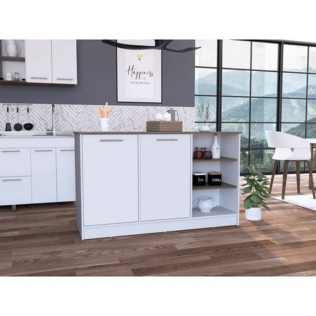 Isla de Cocina Ginger Blanco y Bellota 150x90.6cm con Cuatro Entrepaños y con Siete Comportamientos - Cocinas | Bylmo