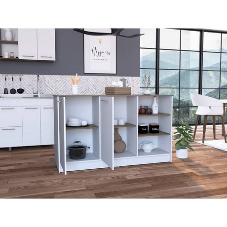 Isla de Cocina Ginger Blanco y Bellota 150x90.6cm con Cuatro Entrepaños y con Siete Comportamientos - Cocinas | Bylmo