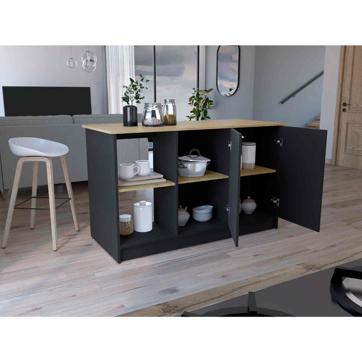 Isla de Cocina Juniper Wengue y Macadamia 150x90cm con Tres Entrepaños y Seis Compartimientos - Barras y Muebles Auxiliares | Bylmo