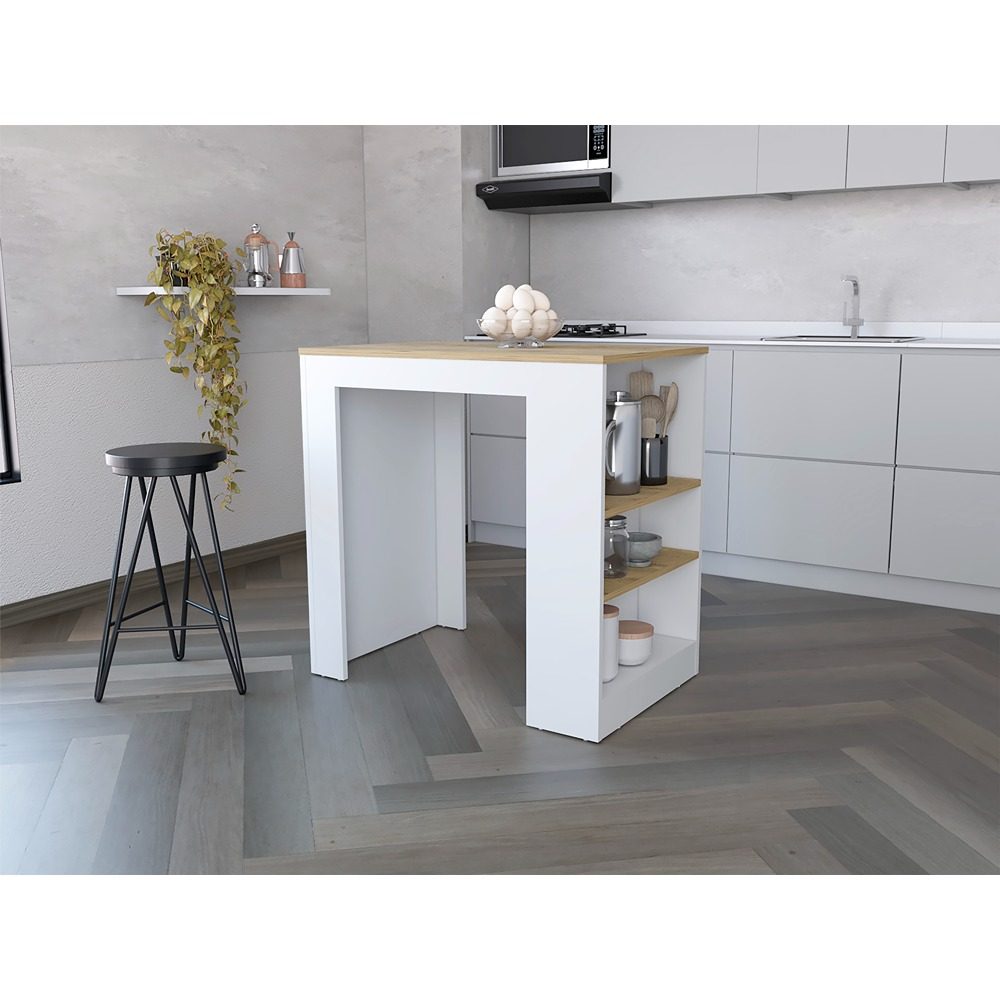 Isla de Cocina Macadamia 92x91cm con Dos Entrepaños y Tres Compartimientos - Barras y Muebles Auxiliares | Bylmo