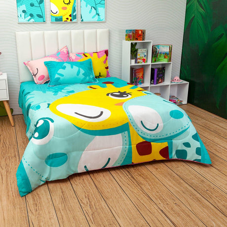 Cubrelecho Semi Acolchado Infantil Azul Claro para Cama Sencillo 100 X 190 Cm Doble Faz de Jirafas - Ropa de Cama | Bylmo