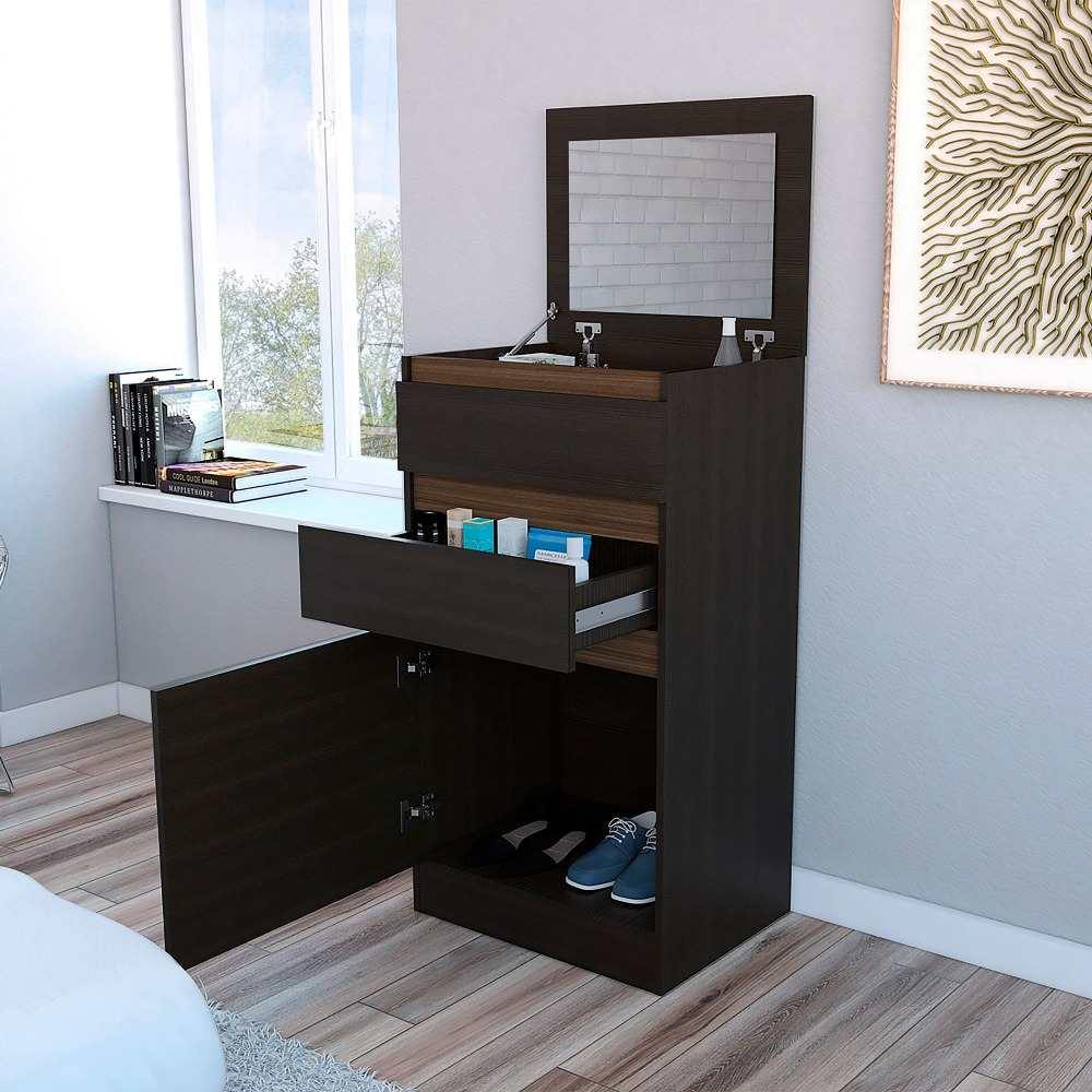 Cómoda Kamelot Wengue 59 cm con Espejo, Dos Cajones y Dos Puertas - Cajoneras | Bylmo