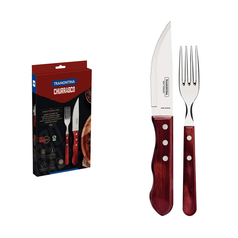 Juego de Cubiertos Churrasco Jumbo Rojo 19 cm 4 Piezas de Acero Inoxidable y Mango Polywood