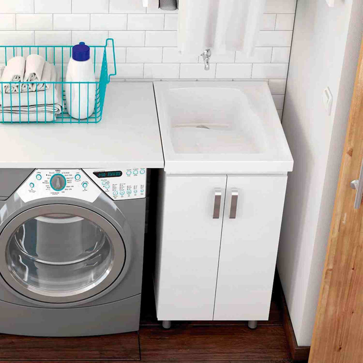 Lavadero Aqua Blanco 48 cm con Almacenamiento y Puertas - Muebles de Aseo y Ropas | Bylmo